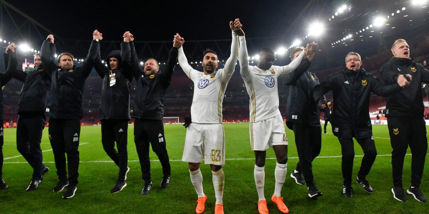 Saman Ghoddos och Ken Sema jublade med Östersund på Emirates Stadium i London i februari.