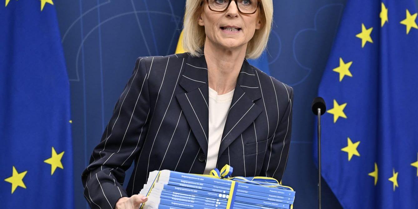 Finansminister Elisabeth Svantesson (M) när hon presenterade budgetpropositionen för 2024. Arkivbild.