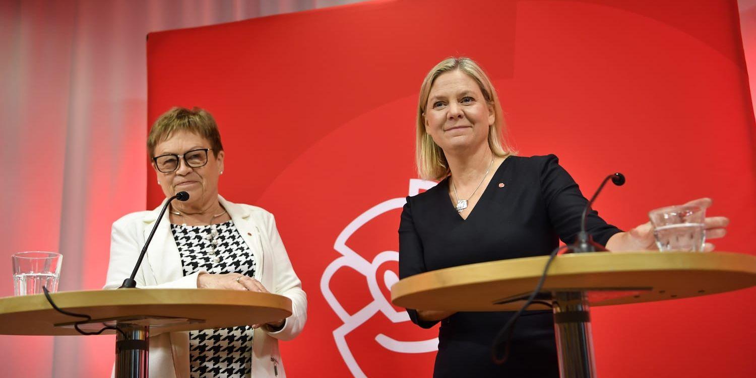 Elvy Söderström, sammankallande i Socialdemokraternas valberedning, som nominerar Magdalena Andersson (S) till ny partiledare för Socialdemokraterna vid en pressträff på partihögkvarteret.