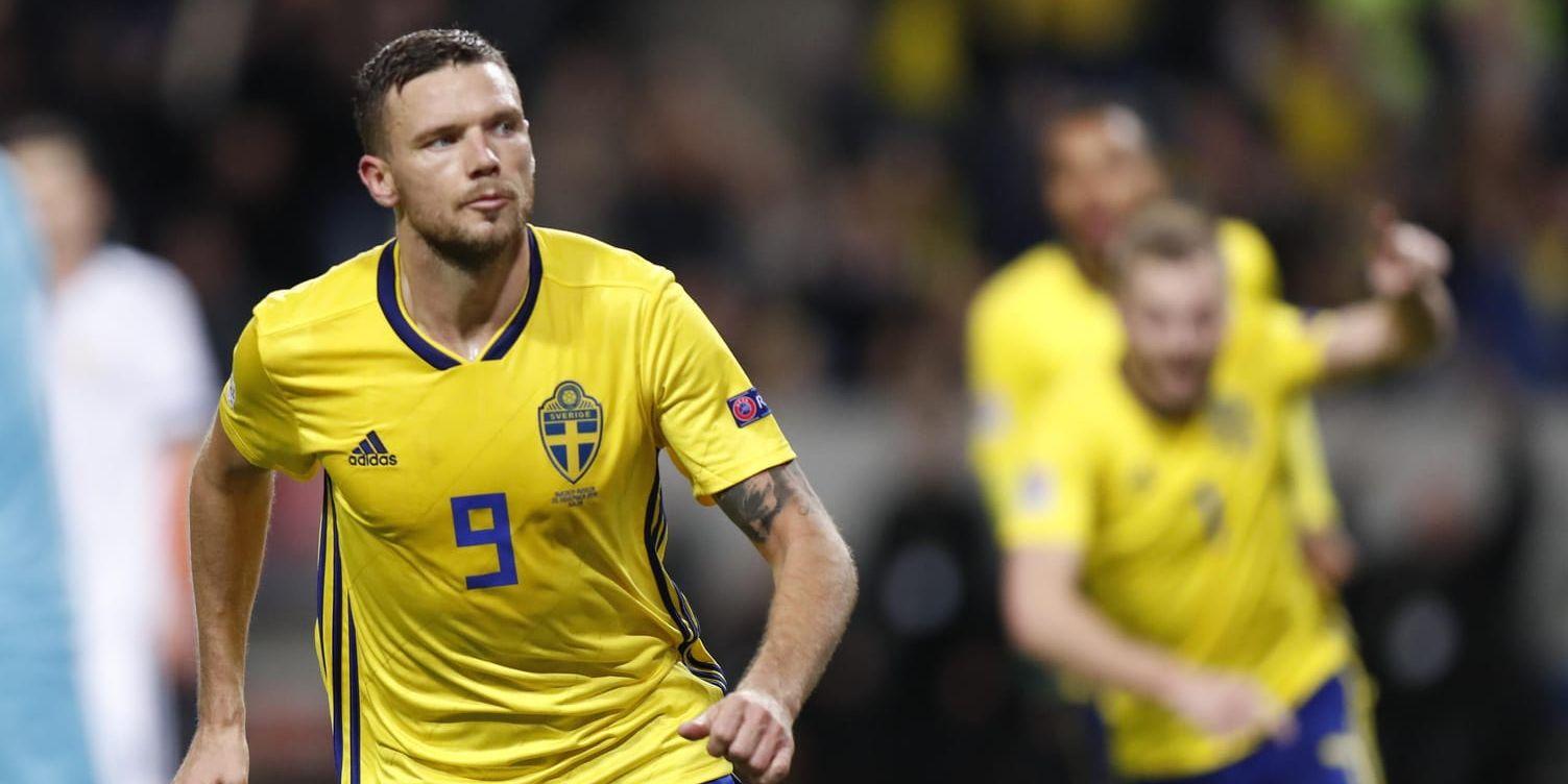 Marcus Berg firar sitt 2–0 mål mot Ryssland på Friends i november förra året. Arkivbild.